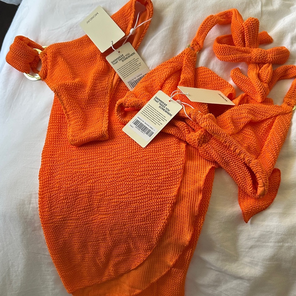 Monday Swimwear tangerine crinkle Morocco top Brontë bottom and st barths skirt